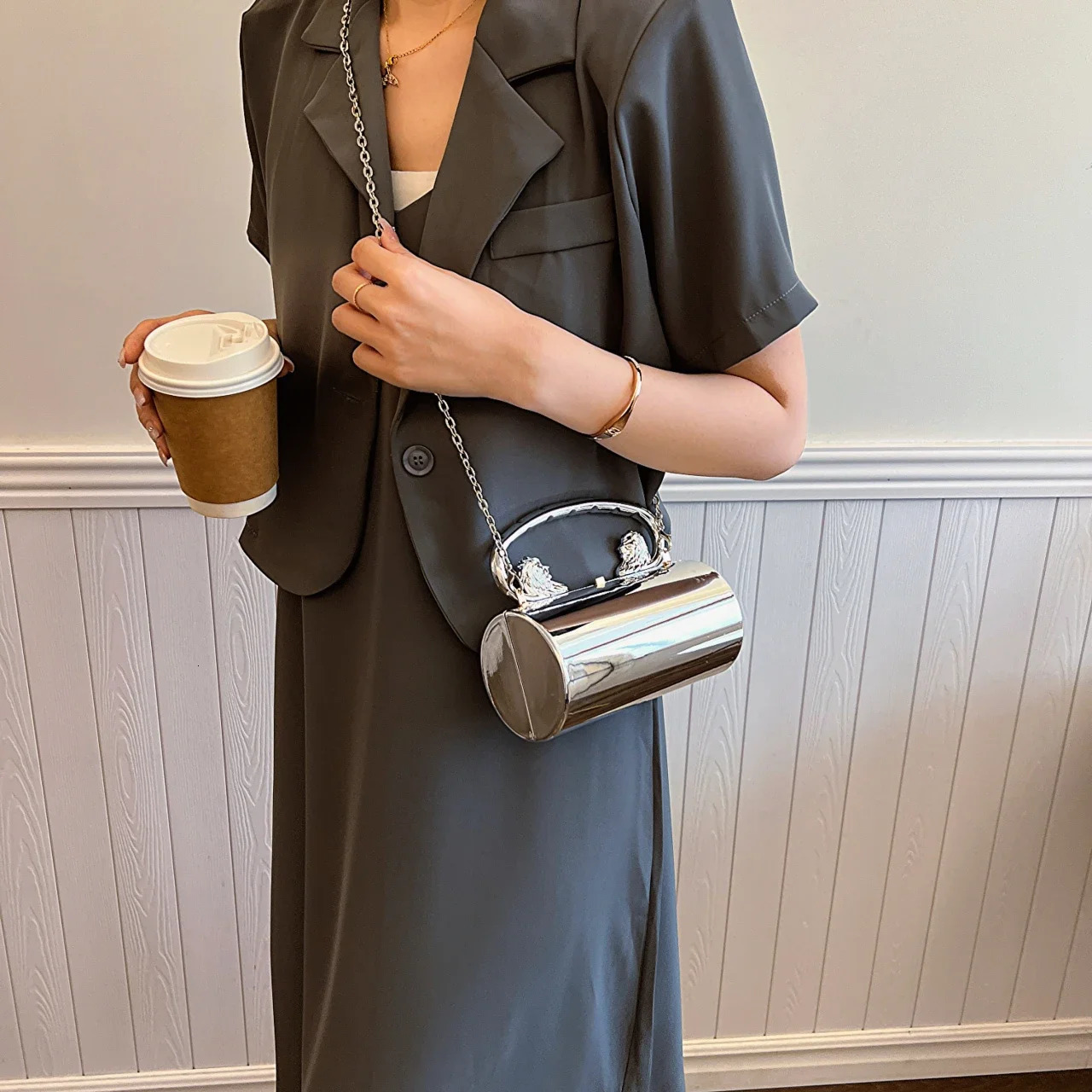 High Quality PVC Cuylindrical Crossbody Bag Silver Gold Evening Clutch Bag Acrylic Handbag Female Party Purse Phone Bag 250318