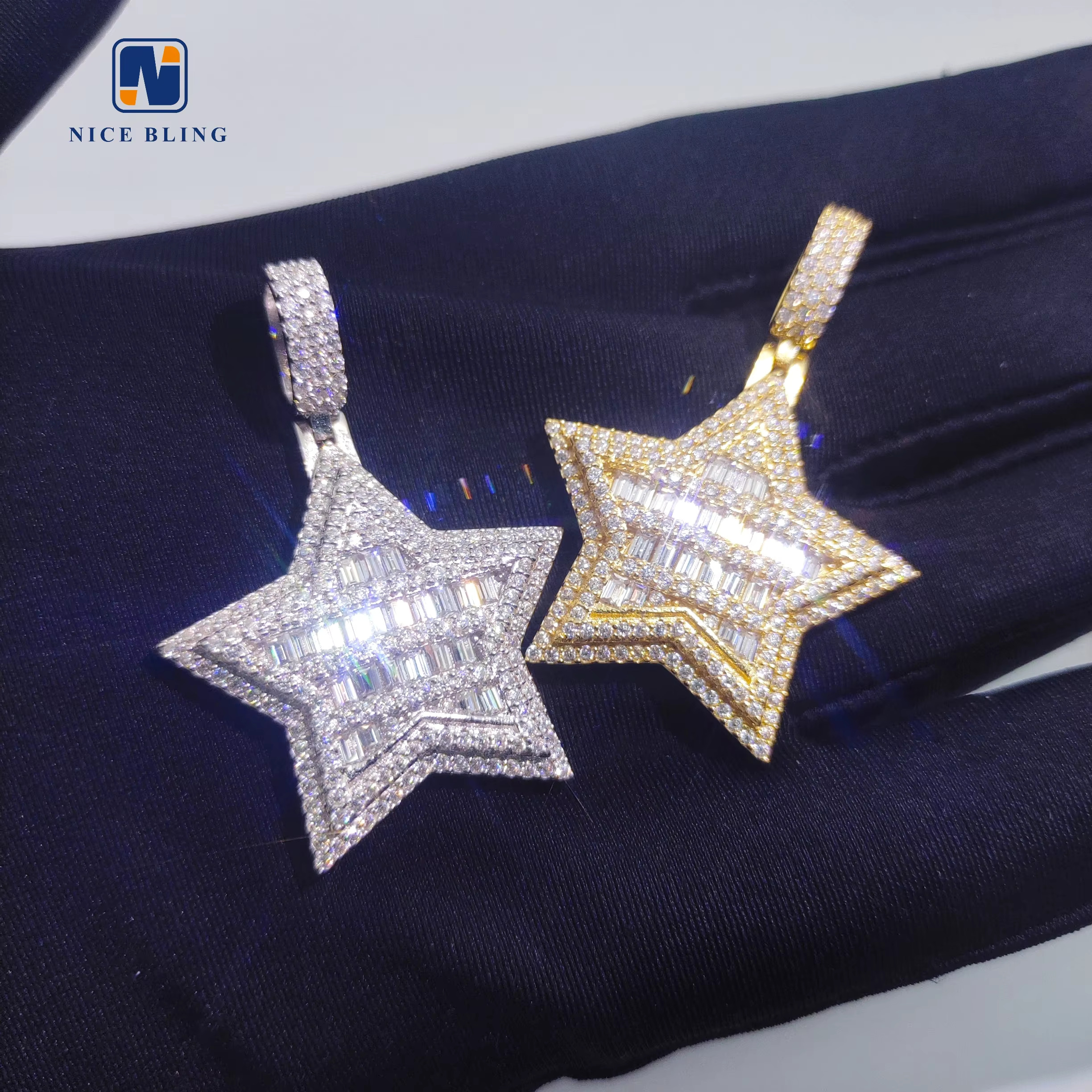 Hip Hop Pendants Gold Plated 925 Silver Moissanite Pendant Baguette Diamond Five Stars Charm Pendants for Men Women