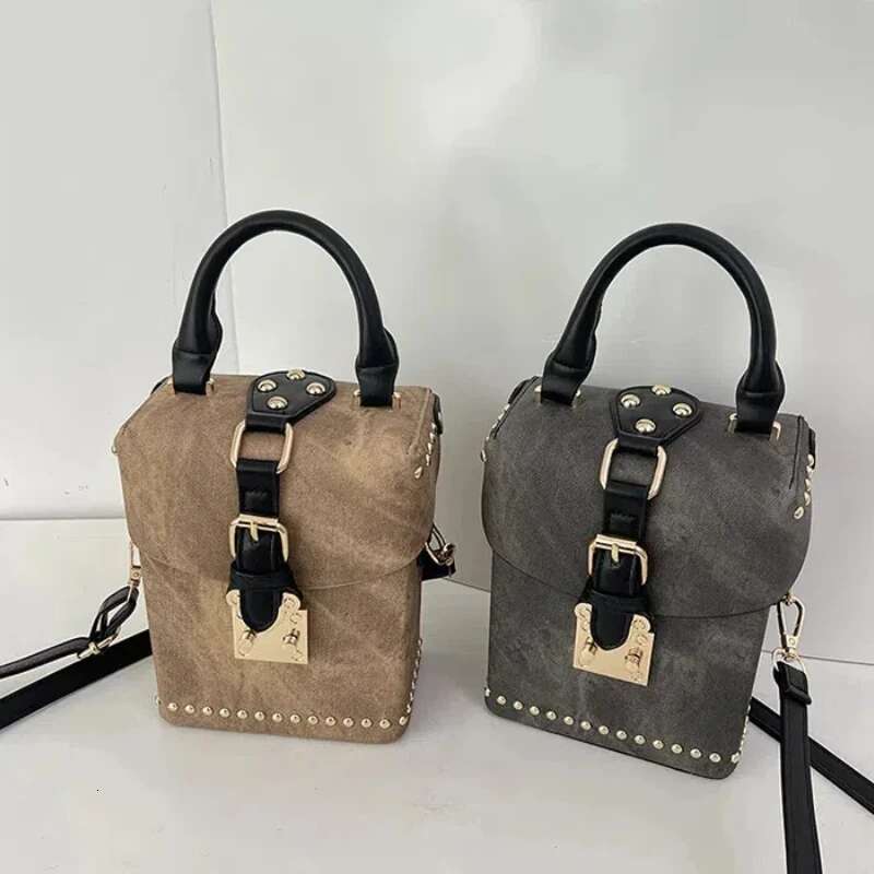 Handbags For Women 2025 New Vintage Leather Small Square Commuter High Quality Rivet Box Crossbody Shoulder Bag Woman
