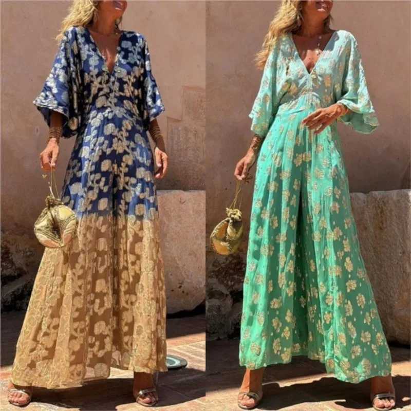 Fashion Gradient Print Jumpsuits Women Sexy V-neck Backless Leace-up Loose Slit Wide Legs Jumpsuit Female Trendy Strtwear New X250318