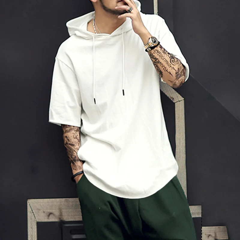 Mens Solid Color Short Sleeved Hoodie T-shirt Loose Hip-hop Curved Hem Side Zipper Casual T-shirt Mens Fashion 250317