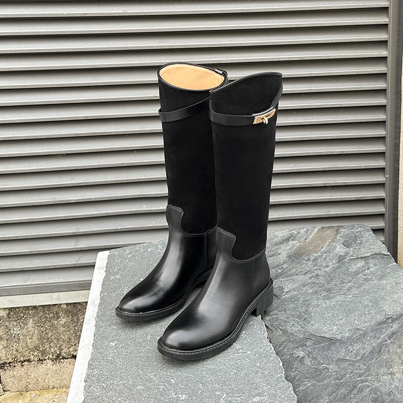 women's New danxuefei leather canvas patchwork pointed toe slip-on knee high 2023 autumn new long boots shoes d0fc