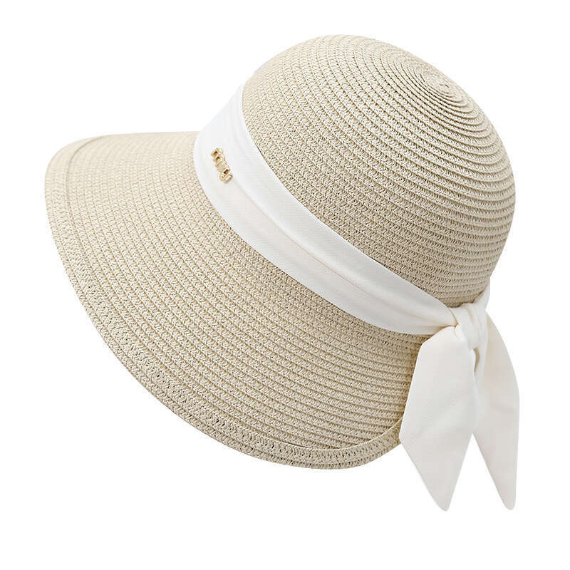 Large eave shading fisherman women, summer woven breathable bow grass for traveg on the beach, sun protection basin hat
