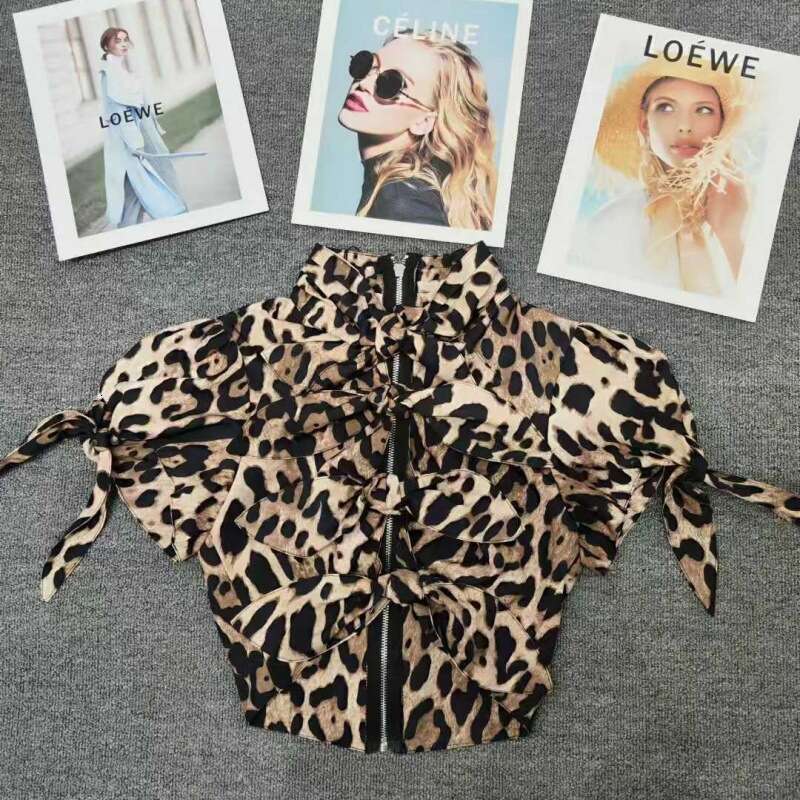 2024 Summer New Animal Pattern Knot Decoration Short Sleeve Top Round Neck Strap Up Shirt