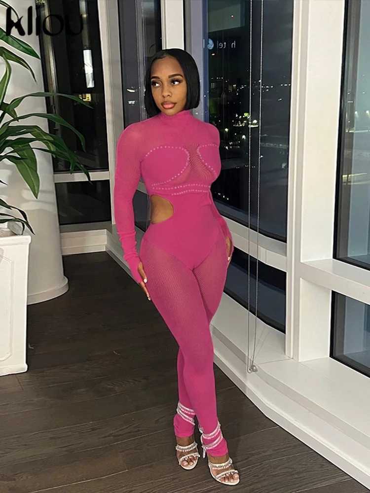 Nail Mesh Patchwork Jumpsuits Women Solid S Through Autumn Long Sleeve Cut Out Skinny Overalls Female Midnight Party Clothing X250318