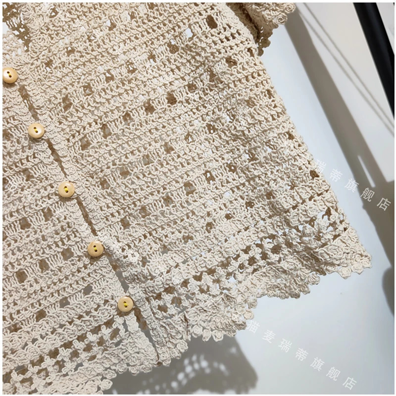 Embroidery Crochet Top Cardigan Flying Sleeve Wavy Hem Crop Tops for Women Korean Fashion Chic Spring Summer Outfit 250318