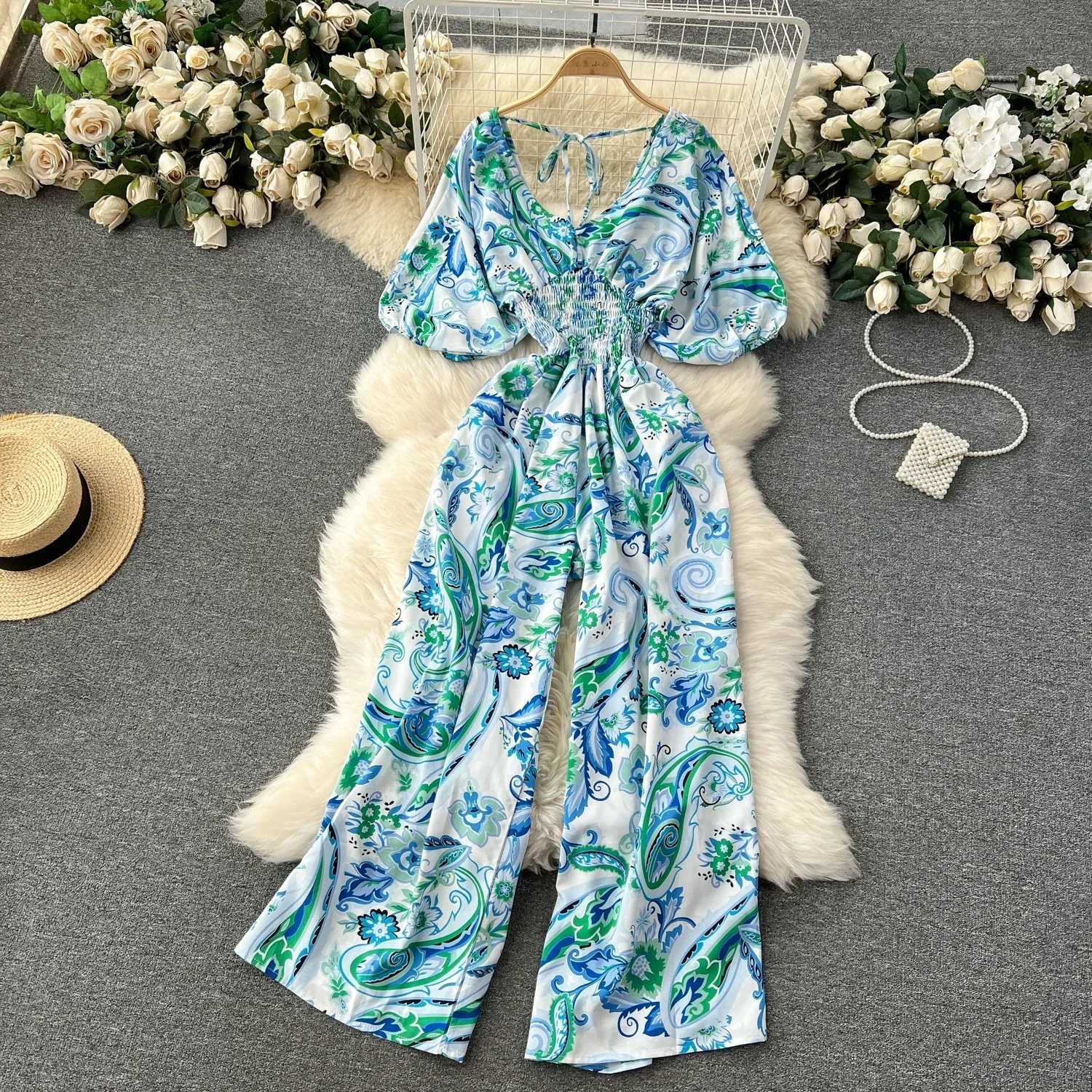 Summer Womens Sexy V-neck Puff Slve Printed Womens jumpsuit Black/Red/Blue/Yellow Wide Leg jumpsuit Resort Beach New Fashion X250318