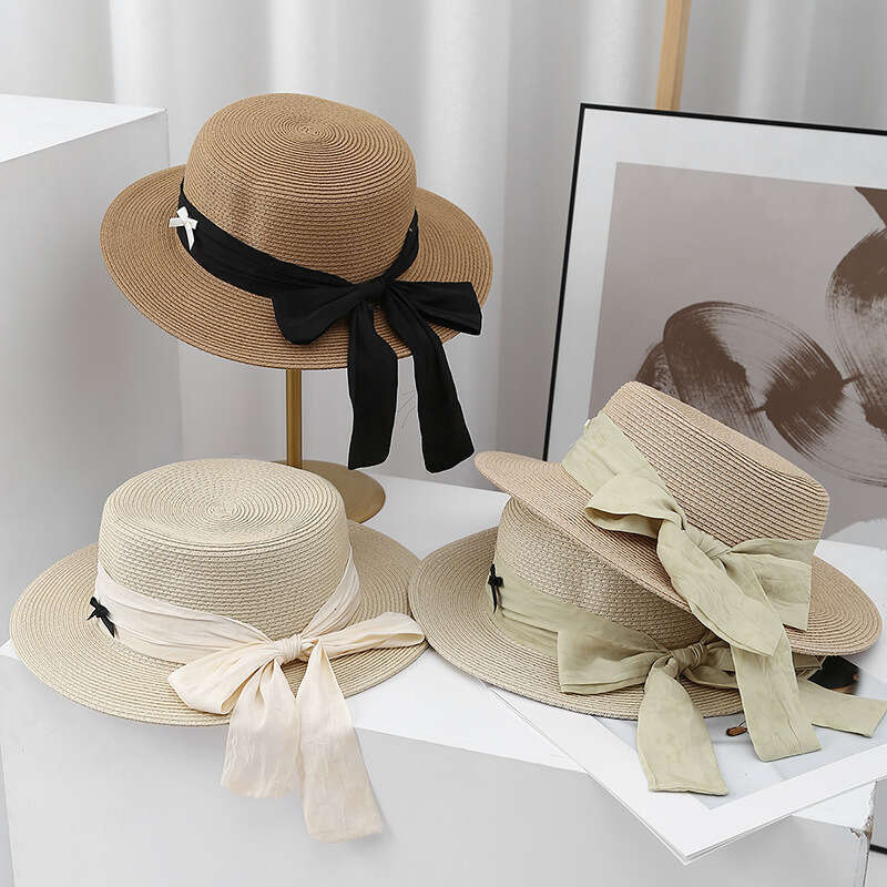 Summer fresh bow big ribbon flat top straw ins women's beach outdoor wide eave sunshade hat