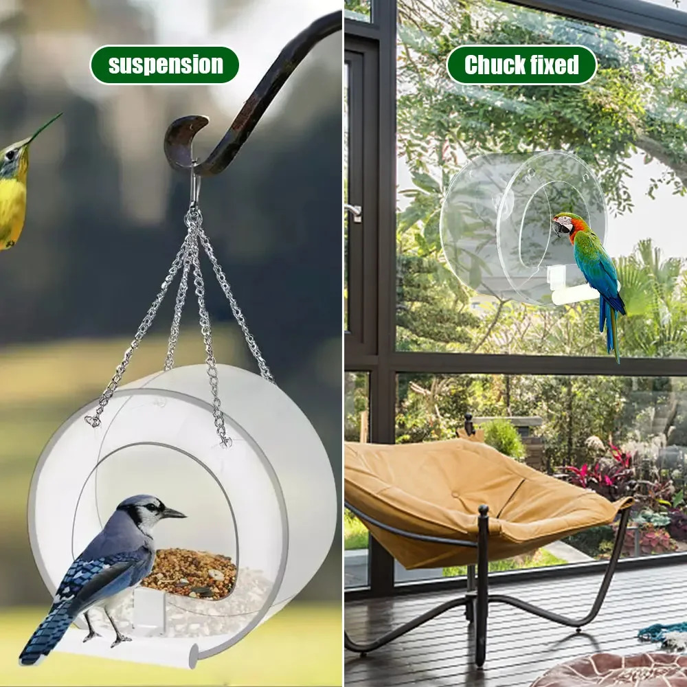 Hanging Wild Bird Feeder Clear Round Acrylic Feeding Station Outdoor Food Container Outside the window With Sucker for Cardinals 250318