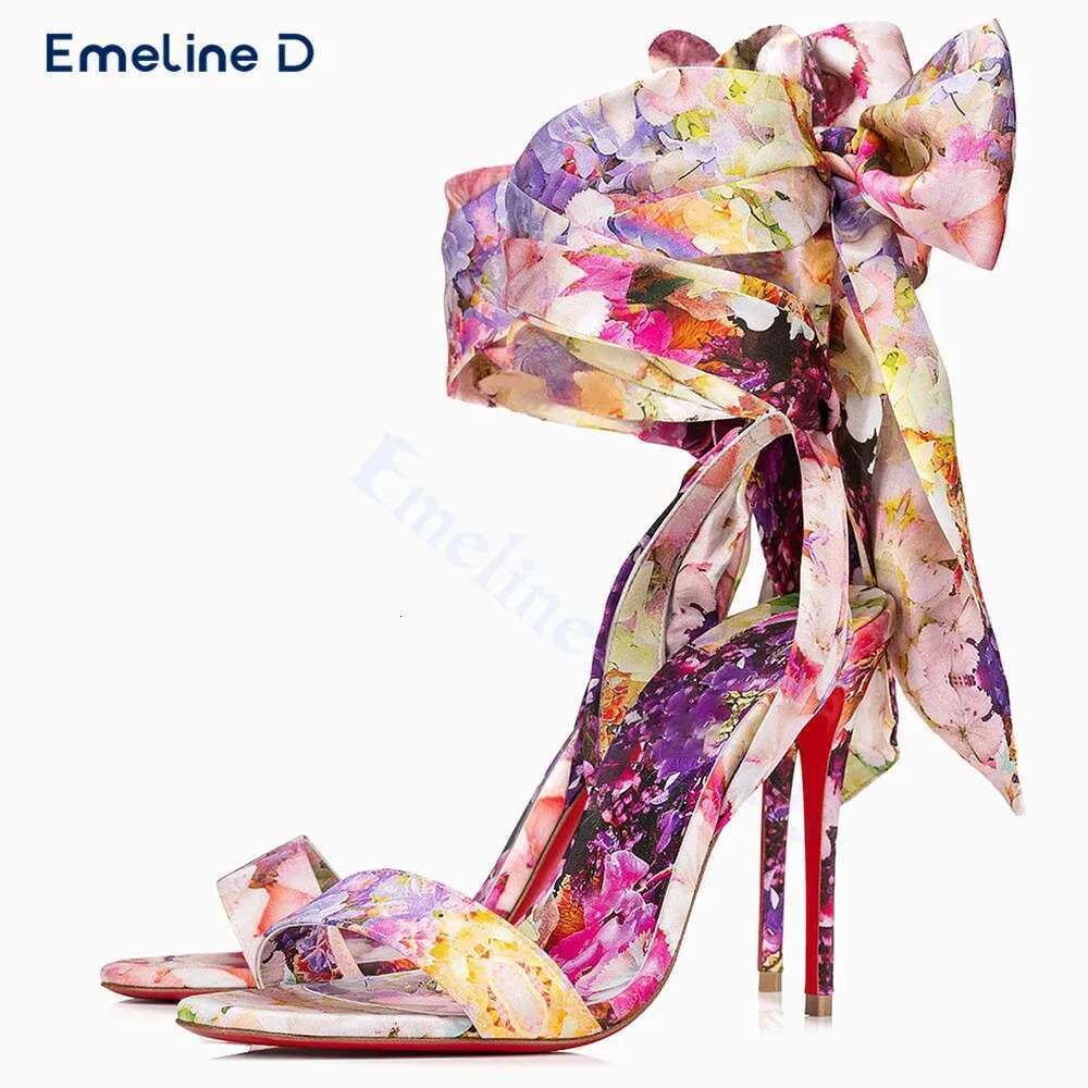 Bright Colorful Wer Print Satin Round Toe One-Strap Stiletto Sexy Sandals Calf Straps Fashionable Women's Shoes