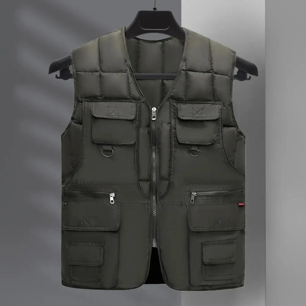 Mens down vest 10 pocket cargo sleeveless zipper checkered jacket with multiple pockets solid windproof and warm 250314Z
