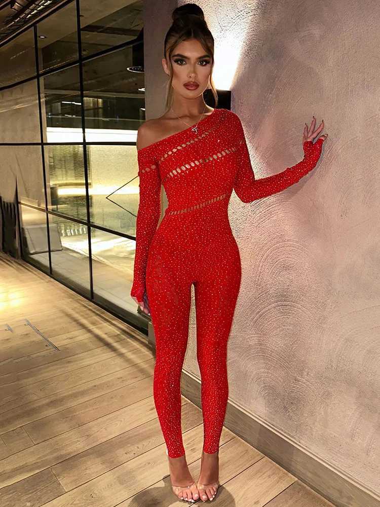 Sibybo shoulder length Slve jumpsuit for women fashionable Rhinestone high stretch hollow sexy top sparkling party jumpsuit X250318