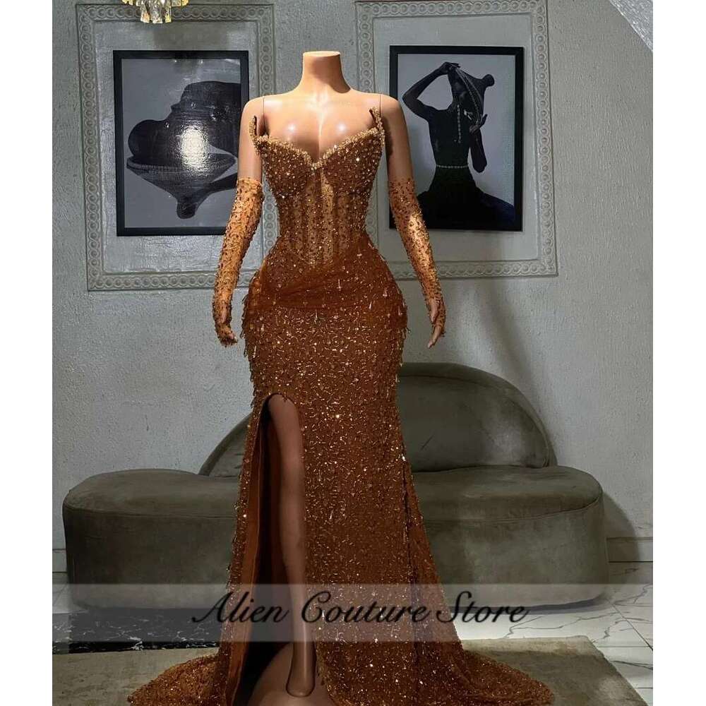 Elegant Gold Evening Birthday Party Black Girls Bead Dias Dresses For Women Prom Dress Customized Dr0318