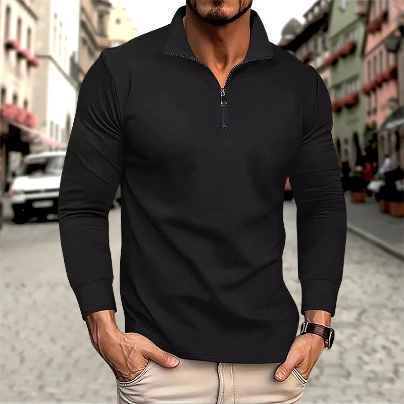 Mens Business Casual Polo Long Sleeve T-shirt spring and autumn Twill jacquard zipper polo shirt Comfortable and Breathable Top 250318