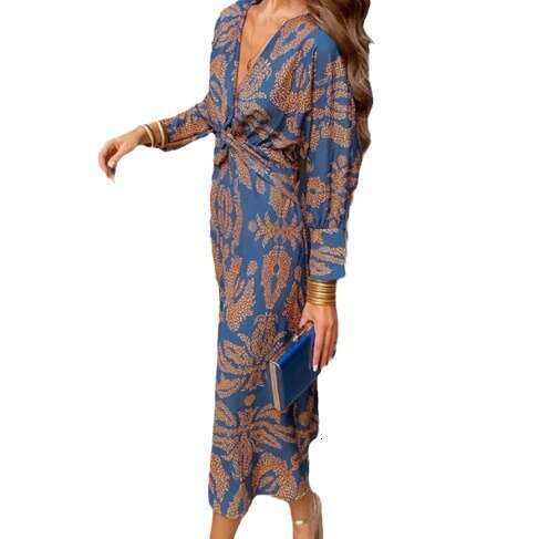 Autumn Printed V-neck Medium length Dress for Women 2025 New Casual Fashion Trendy Clothing
