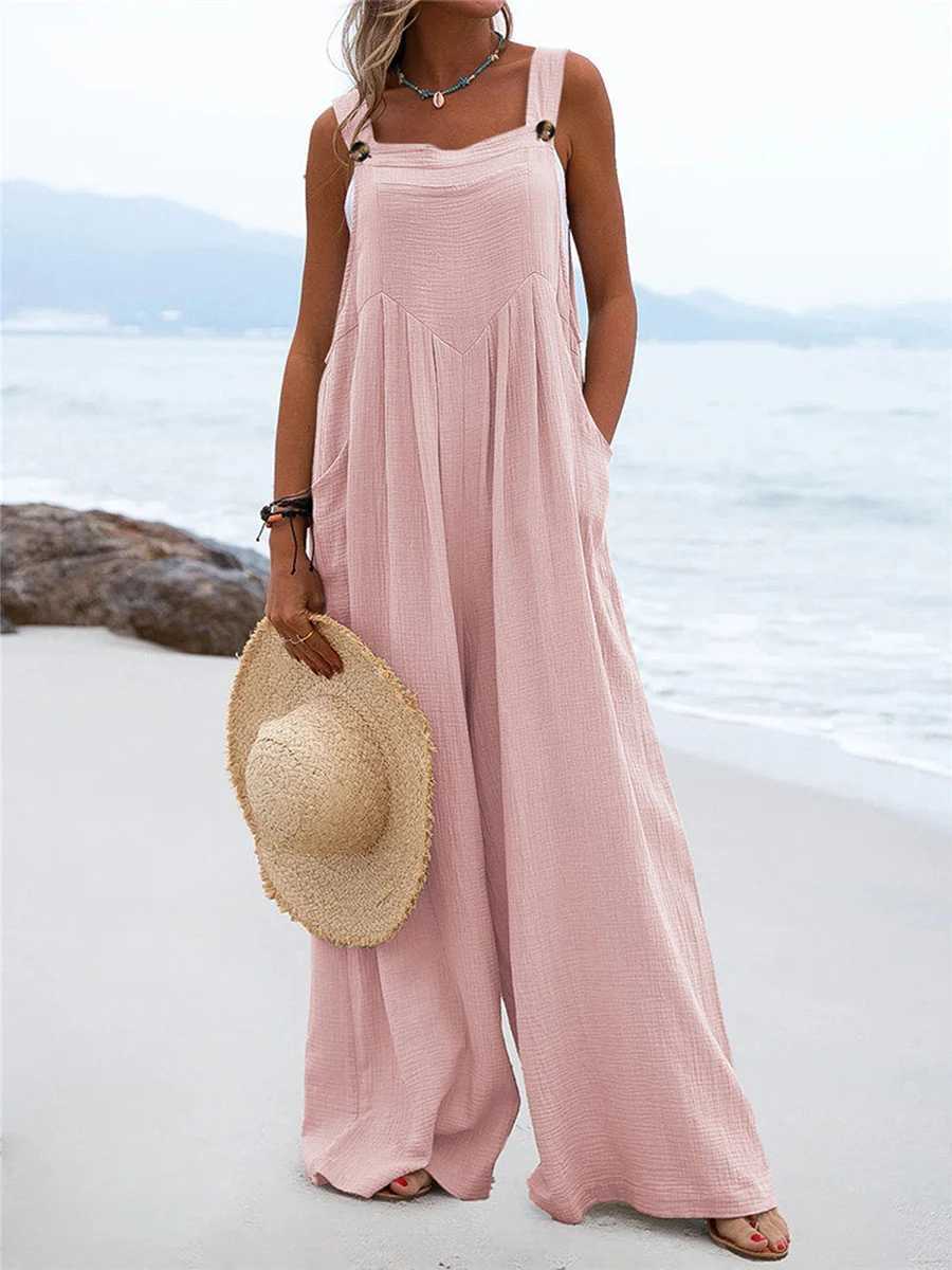 Overalls womens summer jumpsuit Plus size solid color casual button wide leg suspension pants Overalls with pockets X250318