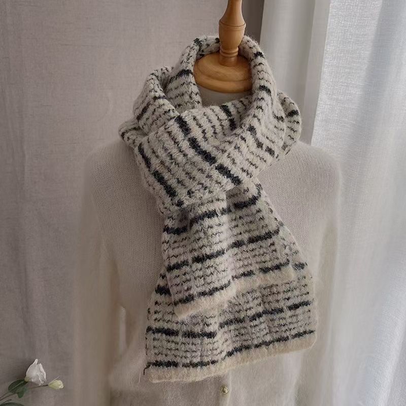 T307 striped simple versatile scarf 2025 new knitted wool scarf soft thick warm women