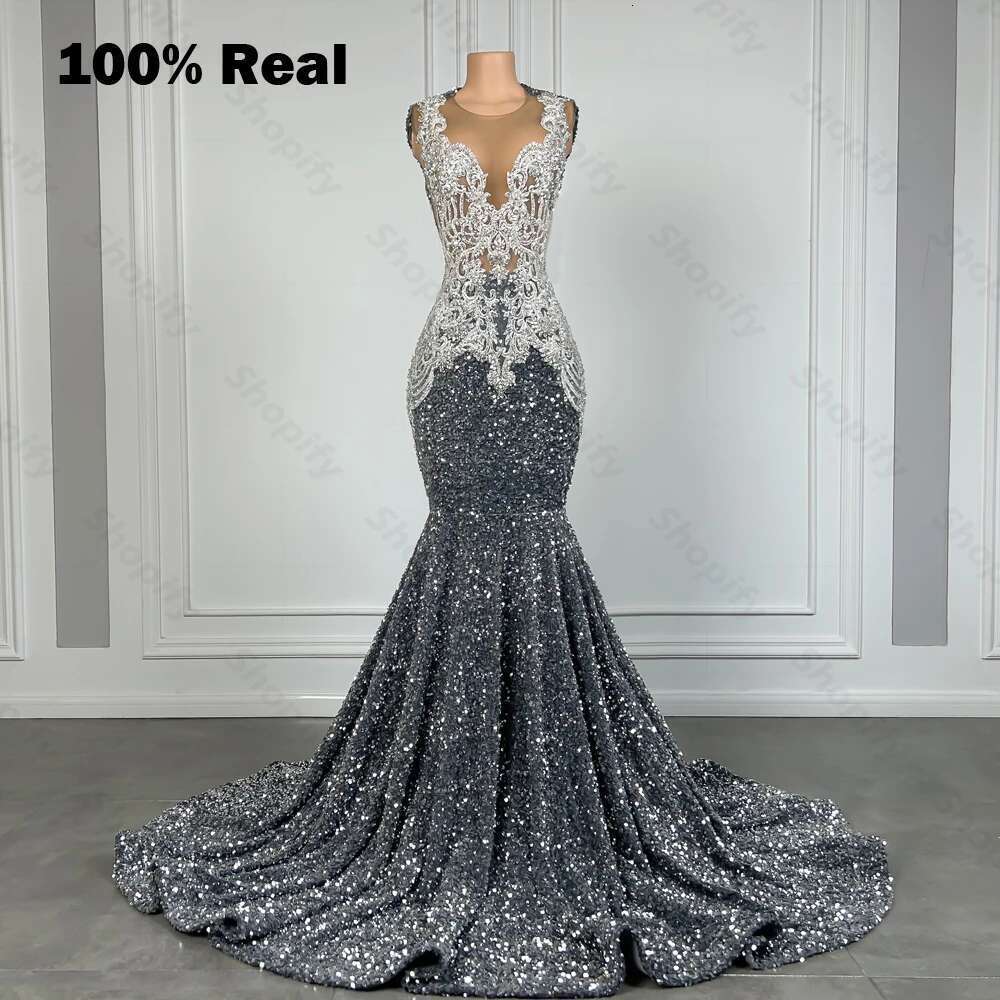 Sparkly Sier Sequin Mermaid Dresses For Black Girls 2025 Real Beaded Crystal Long Prom Birthday Gowns Customized Dr0318