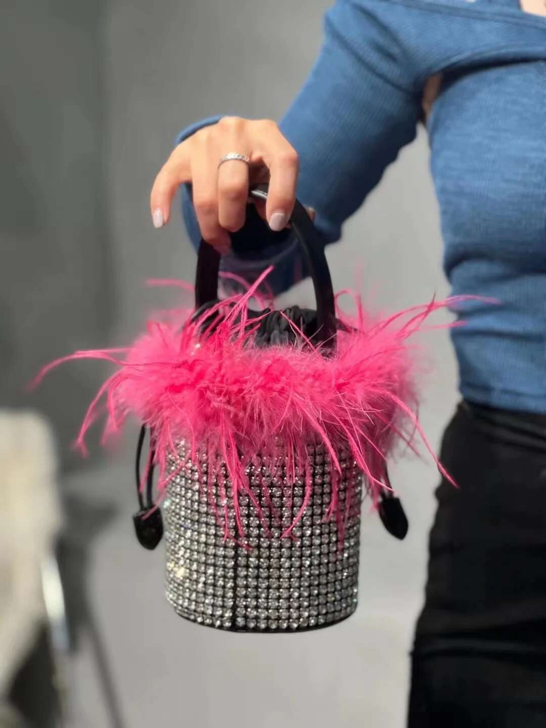 Fashion Ostrich Hair Bucket Women's Handbag Glitter Rhies Dia Evening Wedding Party Clutch Purse Shoulder Bag