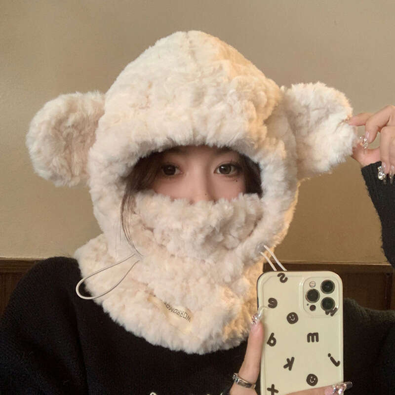 Thickened teddy bear scarf, mask, one-piece plush women's autumn winter Korean version, warm ear hat, cycg and cold protection
