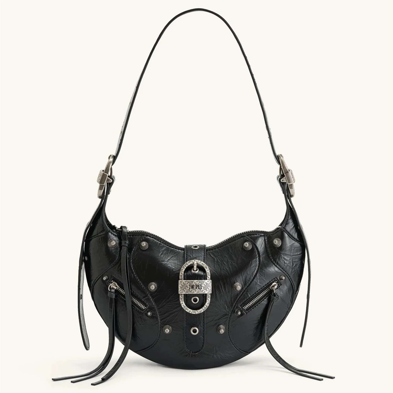 JW PEI Croissant Biker - Waxed Leather Eco-Friendly Crossbody Purse Spacious Shoulder Bag Women Street Style Large Capacity