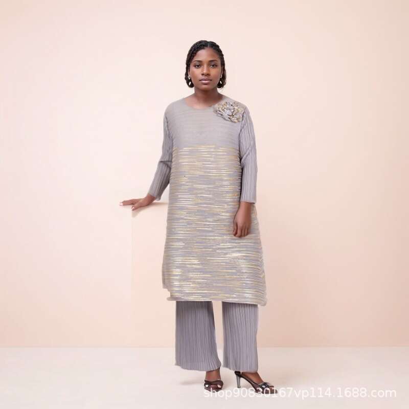 Miyake Women's Autumn New Style End Hot Stamped Folded Mid To Long Top, High Waist Wide Leg Pants Two Piece Set