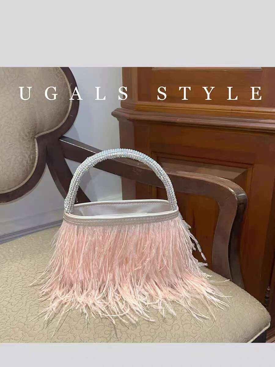 Fashion Ostrich Hair Women's Handbag Glitter Shiny Dia Handle Evening Wedding Party Clutch Purse Shoulder Bag