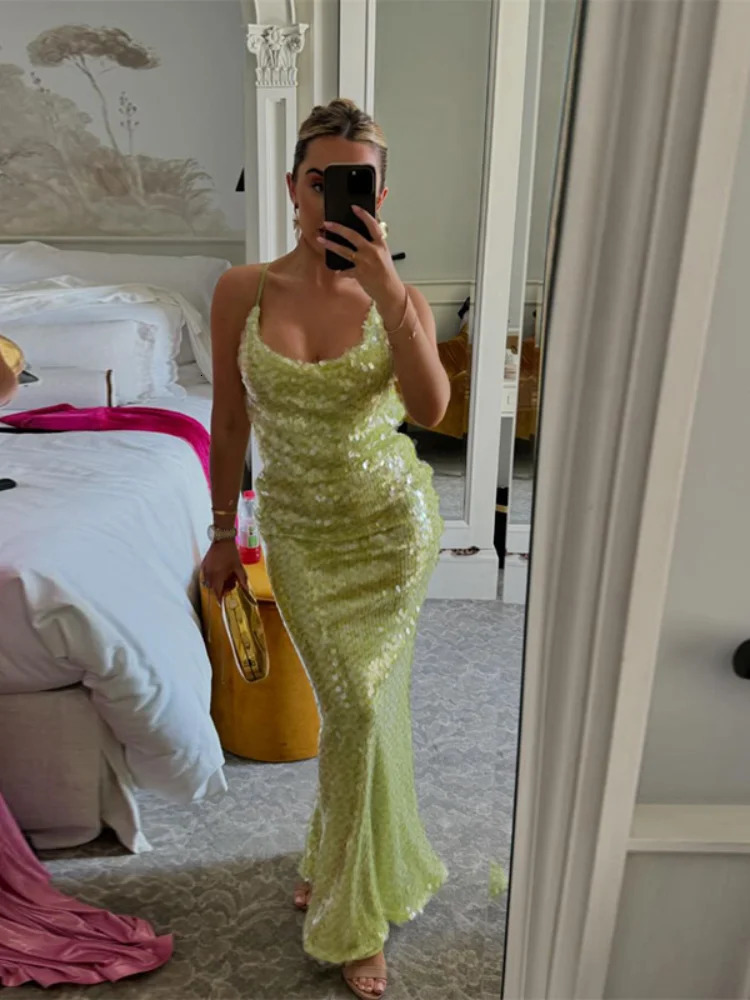 Sexy Women 2025 Summer Green Shiny Sequin Maxi Dresses Fashion U Neck Off Shoulder Backless Robe Lady Beach Vacation Party Gowns 250318