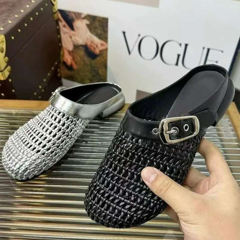 Woven Slippers Women Shoes Round Toe Metal Buckle Casual Style Lazy Outside Wearing Women's Sandals