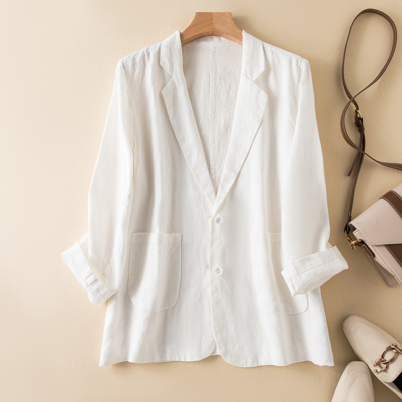 K318Stylish Female Cotton-Linen Coat for Transitional Seasons - Lightweight Long Sleeves Casual Outfit