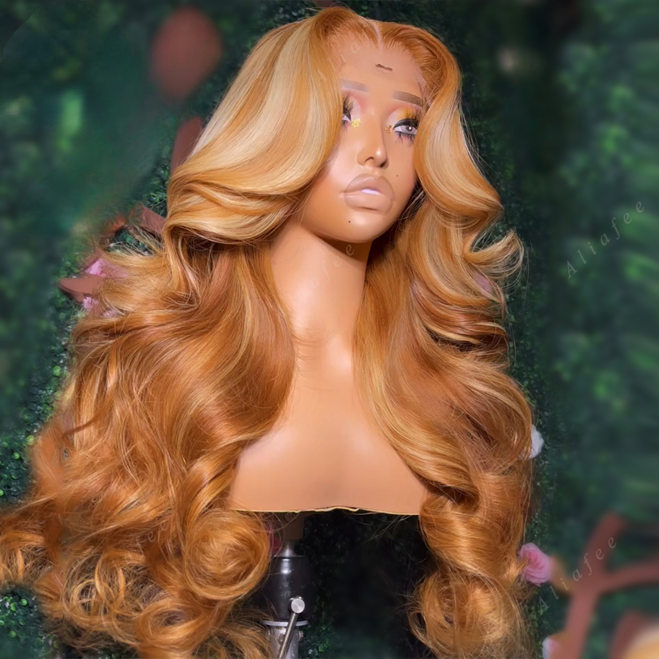 Peruvian Hair Honey Blonde Body Wave Lace Frontal Wig Transparent PrePlucked Highlight Colored 360 Full Lace Front Wigs Synthetic for Women