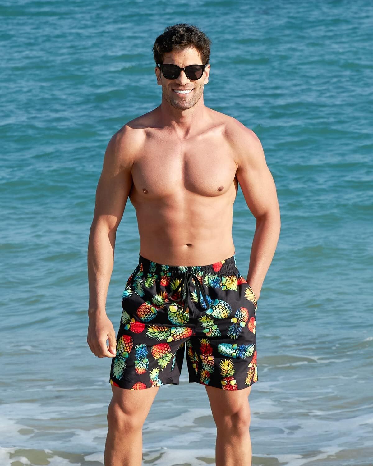 Men Swim Trunks Drawstring Elastic Waist Quick Dry Beach Shorts with Swimwear Bathing Suits Fashionable printed shorts