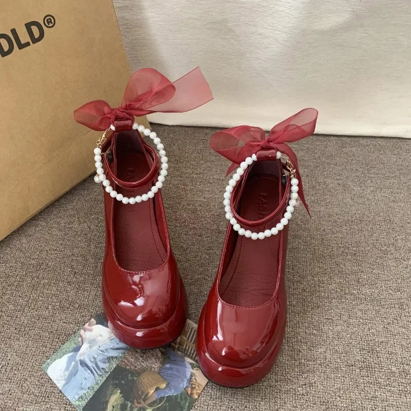Mary Jane Shoes Womens Spring Ultra-high Heel Pearl Chain with Platform Block Heel Wedding Shoes Lolita Shoes 250318