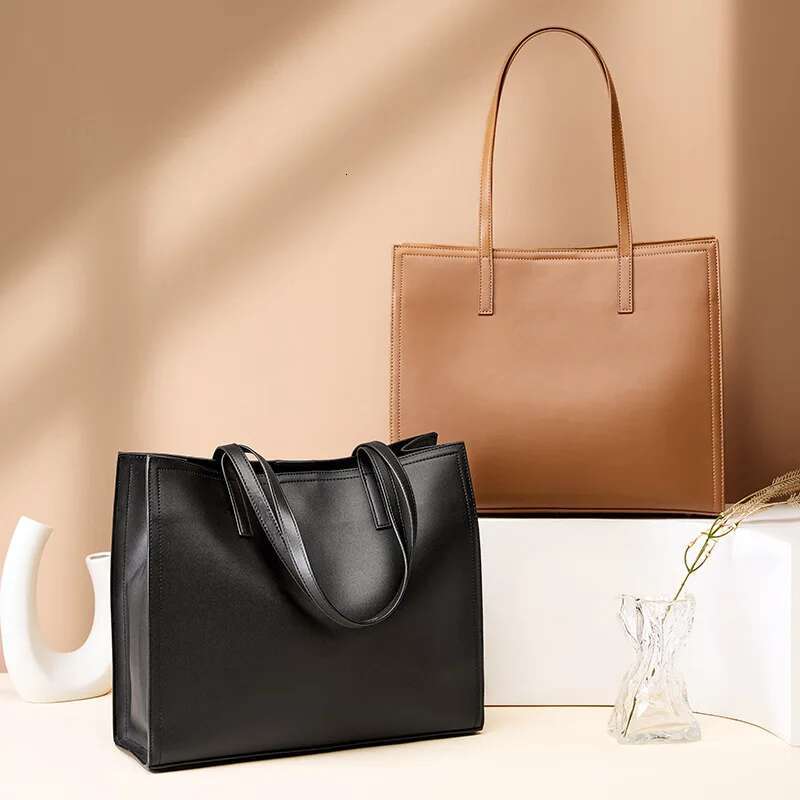 YANATARI NEW Large capacity tote Briefcase Leather business laptop Black shoulder bag Simple cowhide handbag