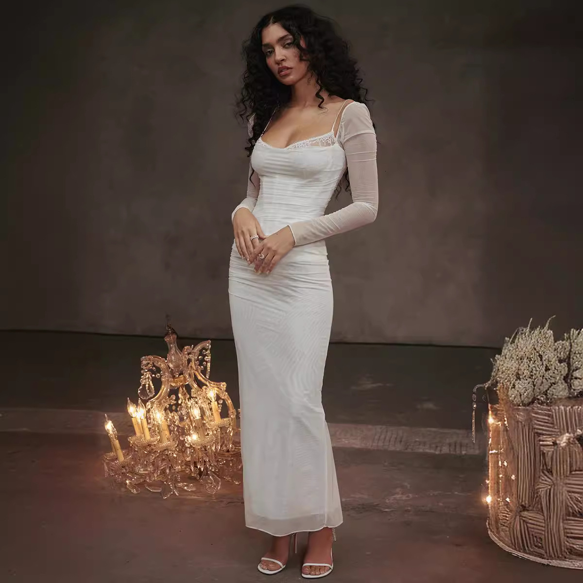 2024 Spring New Sleeved Camisole Style Backless Tight Slit Long Dress For Women