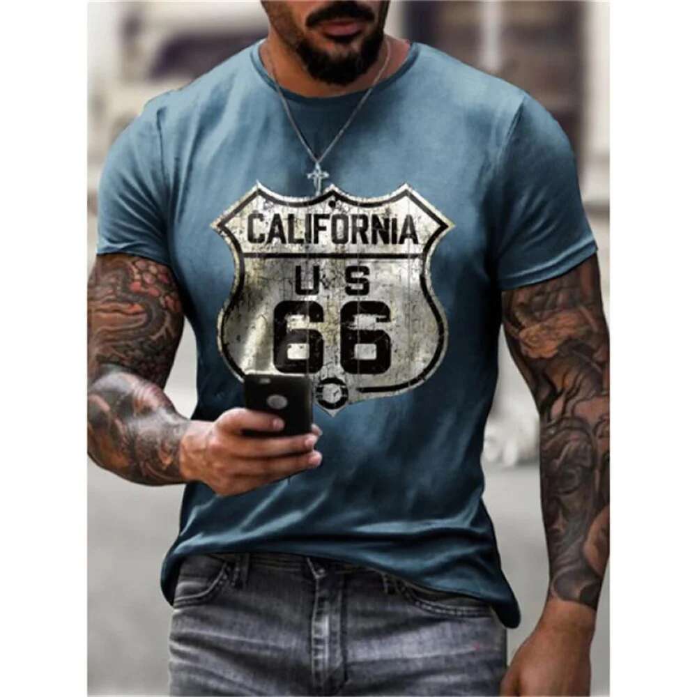 Men's short sleeved t-shirt, streetwear, retro, summer and cool, 3D printed letters, US Route 66