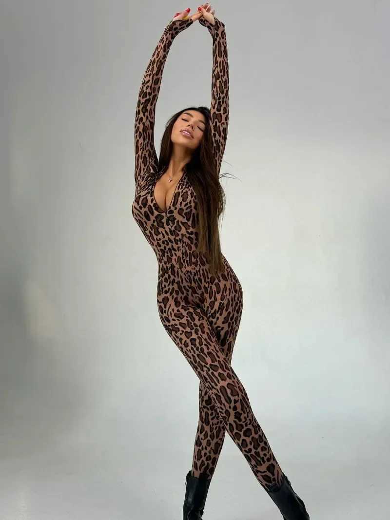 Womens autumn zipper jumpsuit with Slve leopard print one-piece tight fitting womens high waisted Tunics Sports Overalls X250318