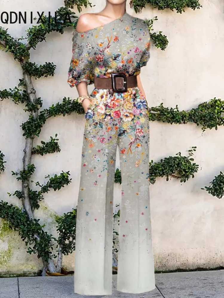 New womens jumpsuit elegant office ladies loose wide leg pants tight fitting clothes collar floral print Swt womens jumpsuit X250318