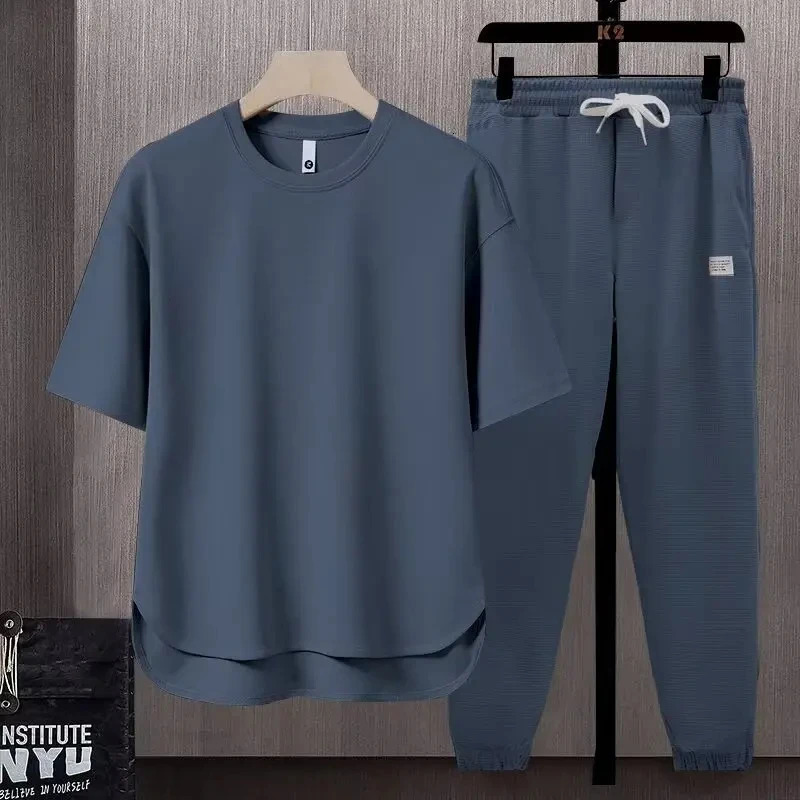 Summer Trend Loose Solid Color Breathable Mens Cotton Casual Short-sleeved Drawstring Pants Two-piece T-shirt Set 250318