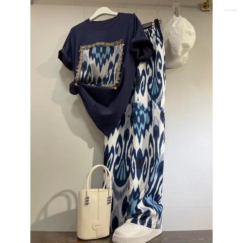 Womens Tracksuits Summer Two Piece Set 2025 Women Clothing Print Short Sleeve Tshirts High Waist Chiffon Wide Leg Pants Outfits Casual