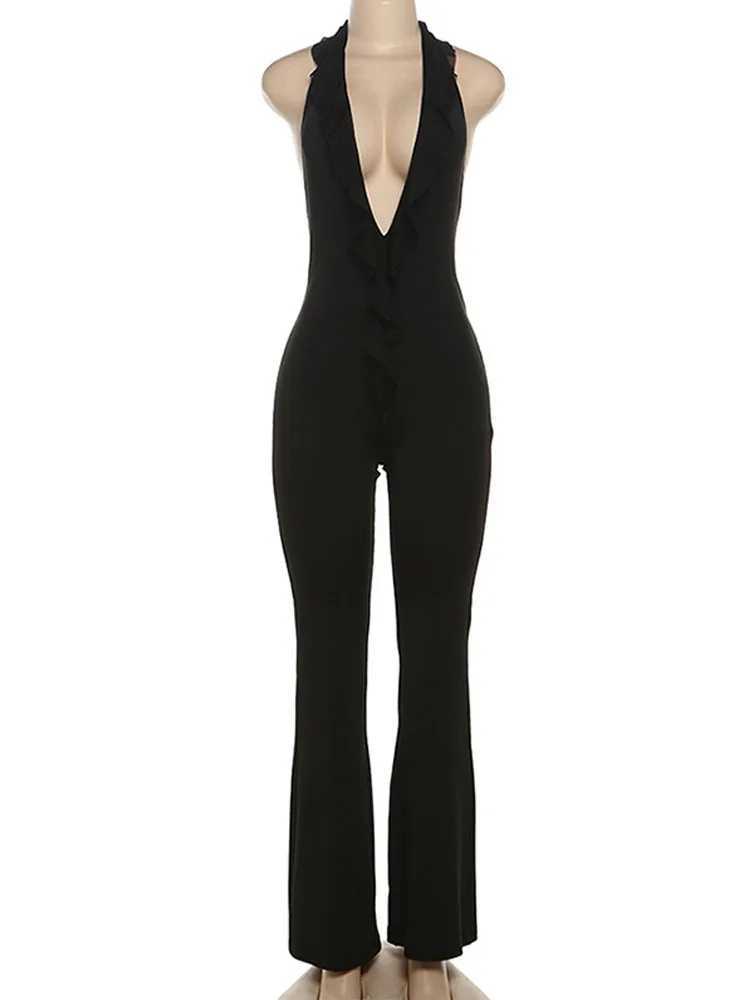 Sexy solid color dp V-neck womens spring and summer tight fitting jumpsuit suitable for fashionable sleeveless casual jumpsuit X250318