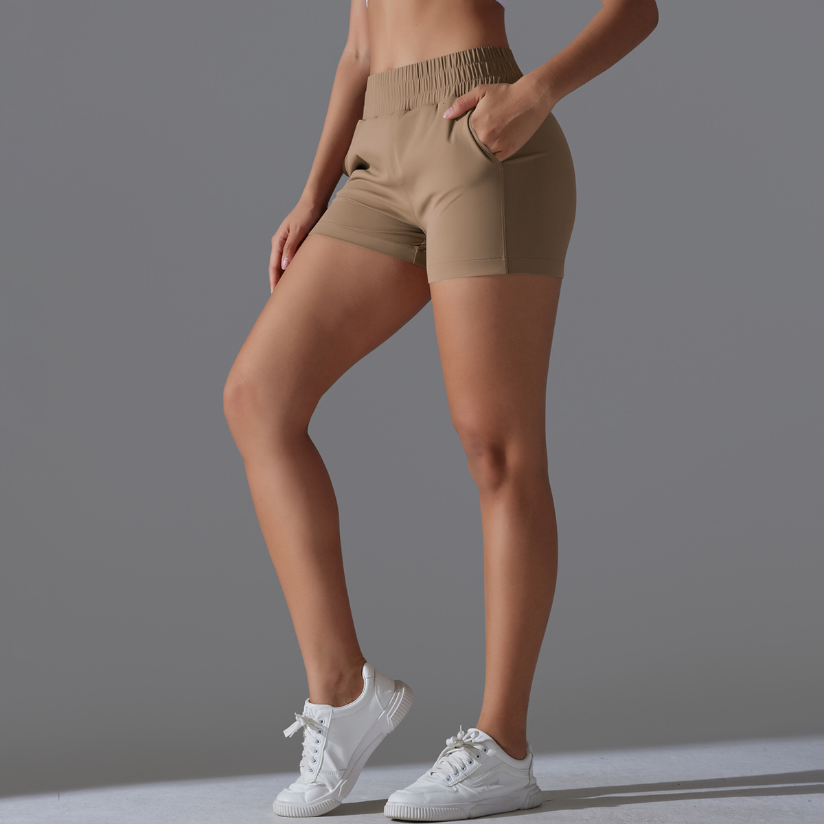 New tracksuit Jinammonia solid color pocket tight cycling shorts, sports running fitness casual yoga clothes, three part pants leggings