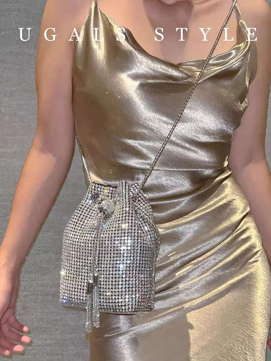 Women's Handbag Glitter String Bucket Crystal Shiny Rhies Dia Evening Wedding Party Clutch Purse Crossbody Bag