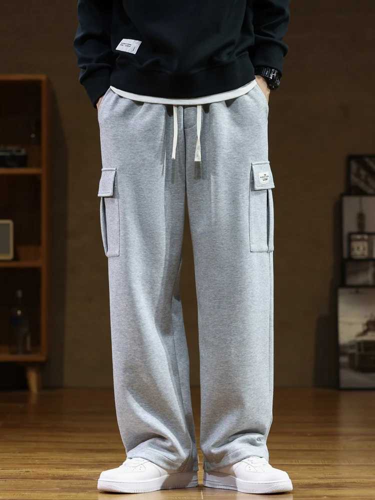Autumn new cool sports pants mens multi pocket drawstring cotton casual sports pants mens loose straight pants 8XL W250318