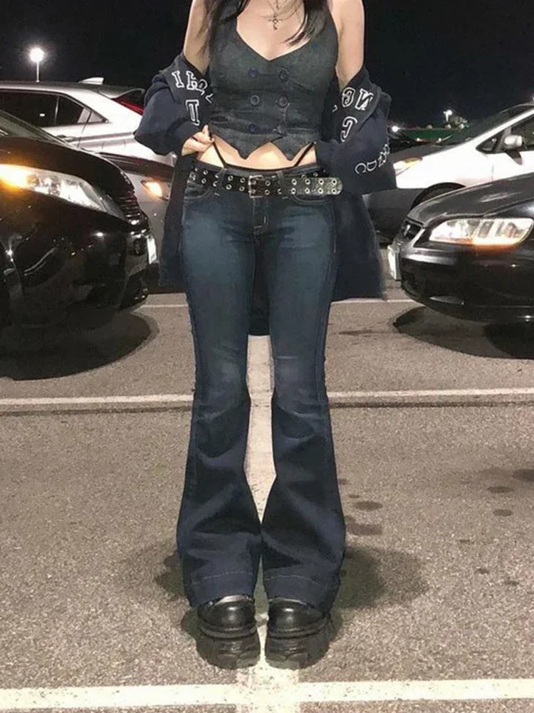 Kalevest Y2K High Street Low Rise Jeans Blue Womens Pants Bootcut Pockets Long Sleeve 250317