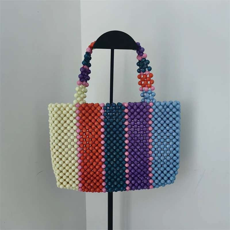 Meet You Fahsion Colorful Striped Beaded Handbag Fashion Hand-Woven Acrylic Bead Evening Clutches Color Contrast Rainbow Bag