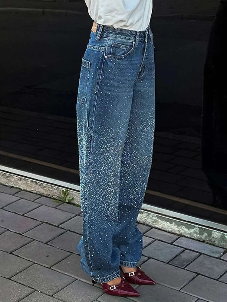 Street Rhie Gradient Blue Women's Jeans High Waist Basic All-Match Wide Leg Trousers Casual Female Commuting Streetwear