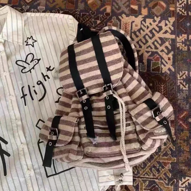 Y2k Striped Casual Backpacks Mochila Drawstring College Student School Bag Large Capacity Versatile Women Bags Bolsos De Mujer 250318