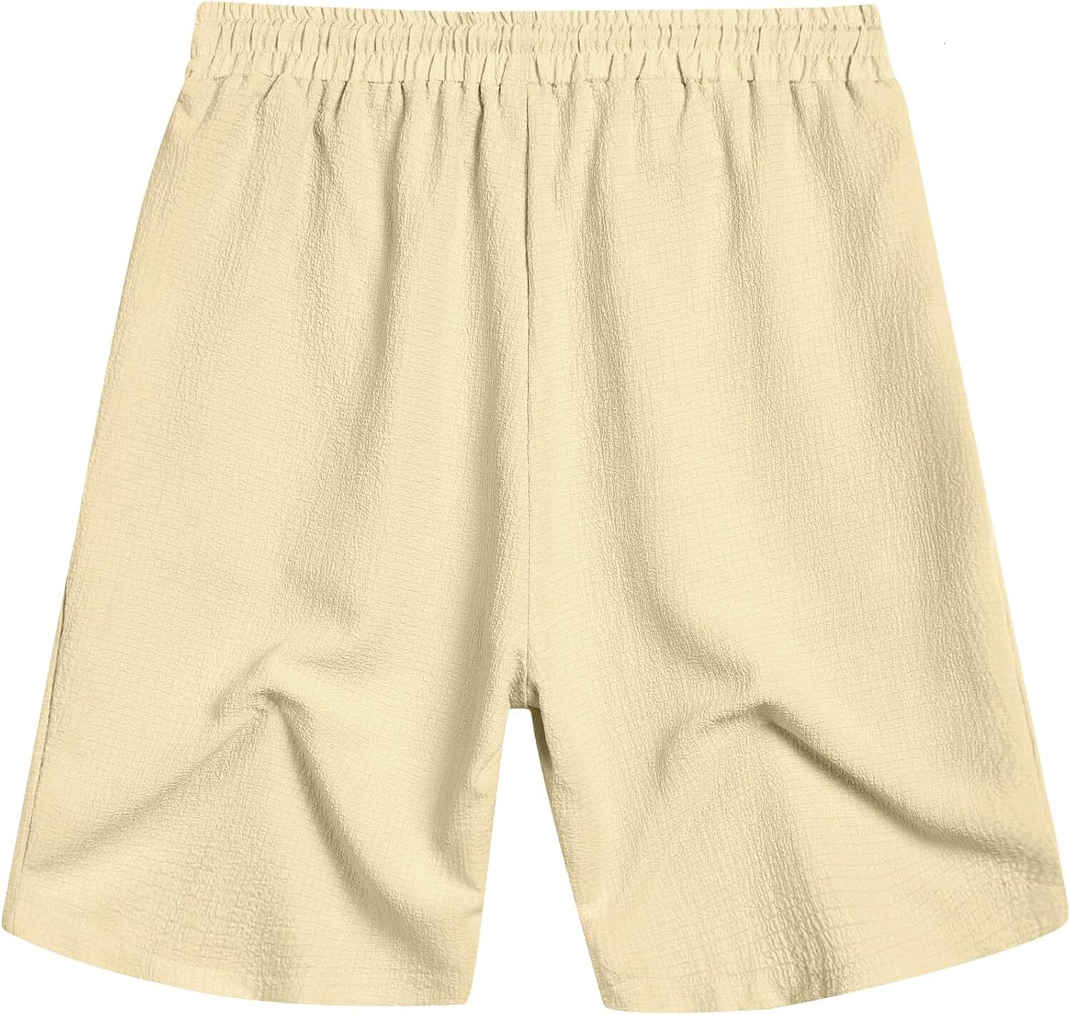 Mens Casual Shorts Elastic Waist Drawstring Textured Summer Beach Short Fashionable solid color