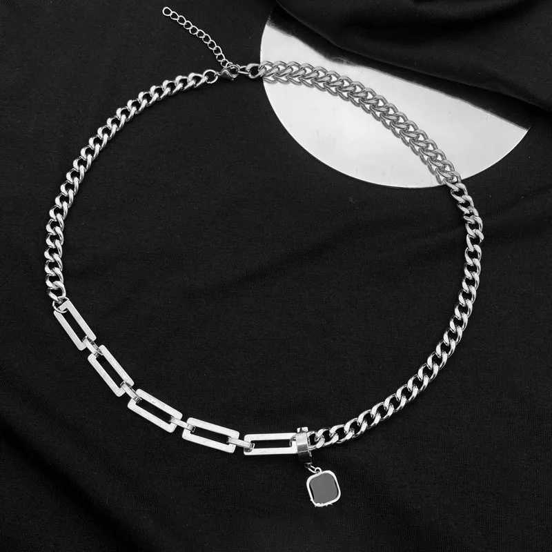 Fashionable stainless steel chain splicing black stone pendant necklace for men 50cm+5cm long necklace for men W250318